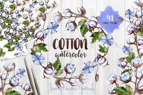 Blue and White Cotton Watercolor Set: Creative Design Assets
