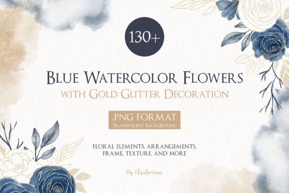 Blue Watercolor Floral with Gold Glitter: A Versatile Collection for Elevated Design