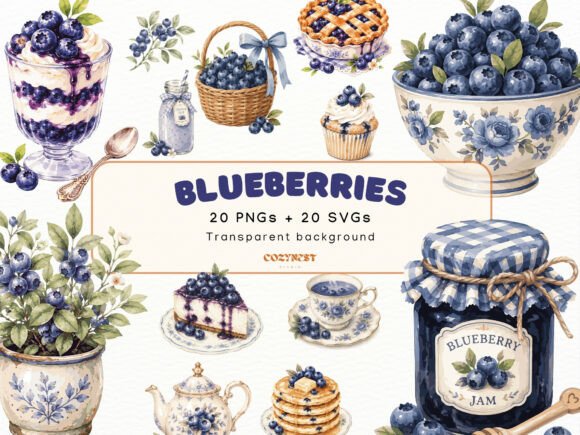 Blueberry Watercolor Cliparts: A Cozy Design Asset
