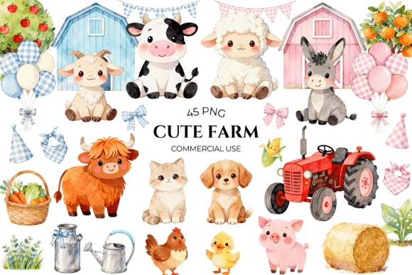 Charming Farm Clipart: Watercolor Barnyard Animals in Pink