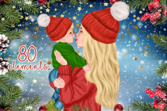 Christmas Mom and Kids Christmas Clipart: Hand-Painted Festive Illustrations for Designers and Crafters