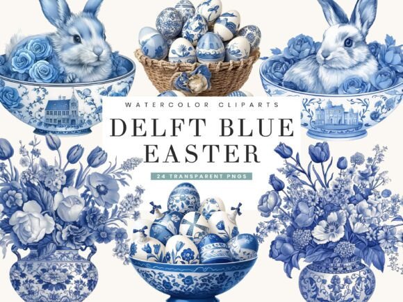 Elevate Your Spring Projects with Watercolor Delft Blue Easter Clipart