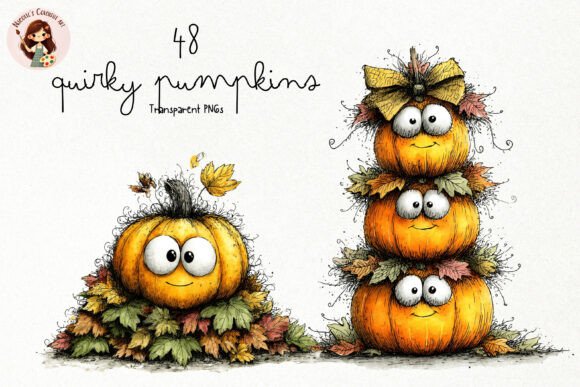 Quirky Pumpkins PNG Clipart: 48 Whimsical Autumn Design Assets