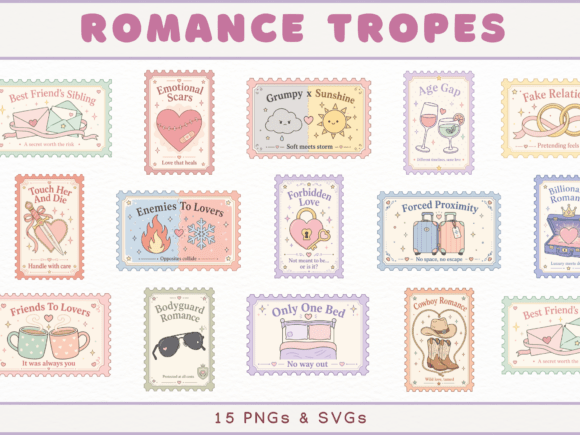 Romance Tropes Stamp Cliparts: A Designer's Guide to Bookish Charm