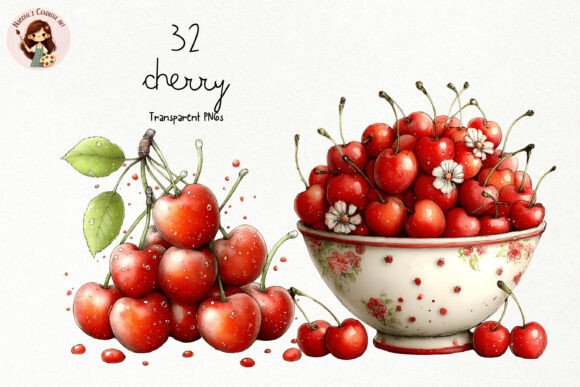 Watercolor Cherry PNG Clipart Set: Sweet Summer Design Assets