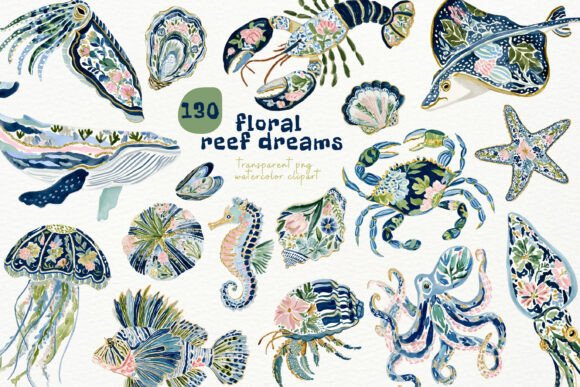 Watercolor Floral Reef PNG Clipart: 130 Designs for Ocean Charm