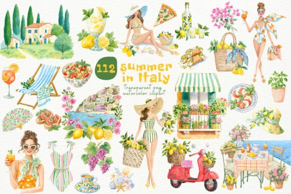 Watercolor Summer Italy PNG Clipart: 112 Designs for Your Projects
