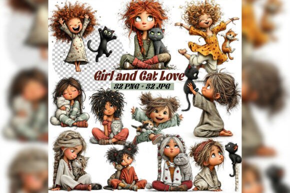 Whimsical Girl & Cat Love Clipart Set: A Creative Toolkit
